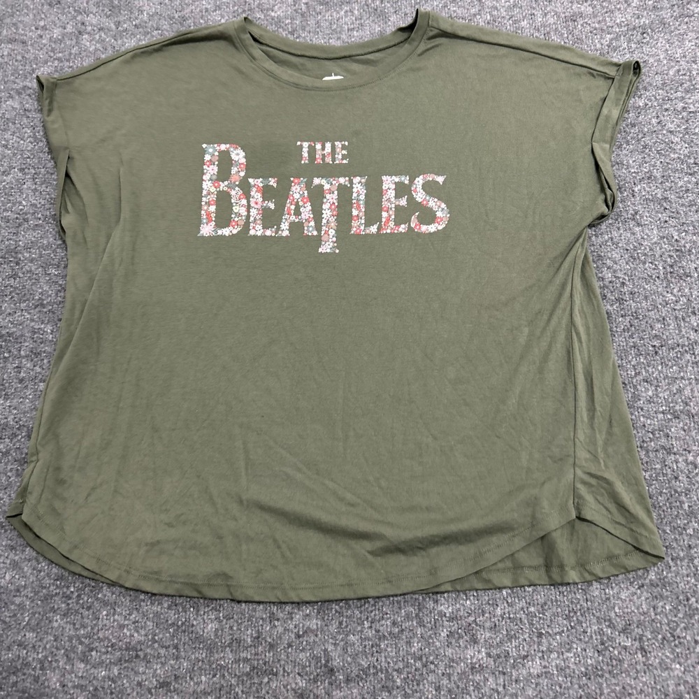 Hybrid Apparel T-Shirt Womens Size 1X Olive Green The Beatles Floral Graphic Tee